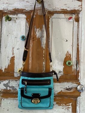 JPK 75 Paris Teal Crossbody Bag with Gold Hardware and Brown Strap